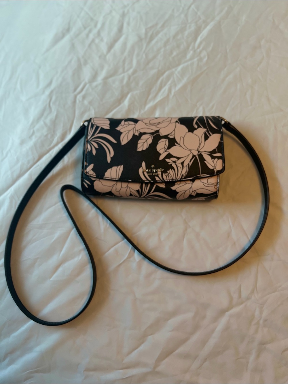 kate spade Black Crossbody Wallet with Pale Pink Floral Print